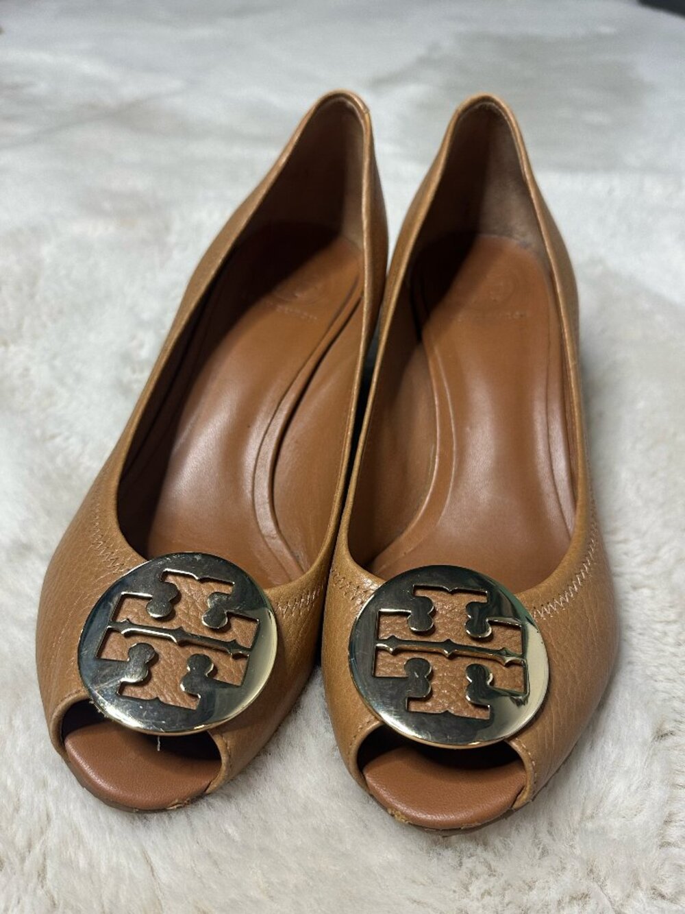 Tory Burch Women's Tan Leather Peep Toe Wedge Pump Shoes - Size 10